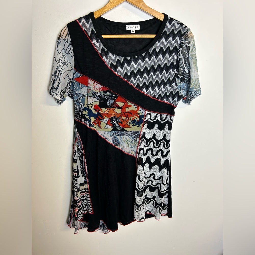 Adore Women Mini Dress Lagenlook Size M Artsy Flowy Stretch Colorful‎ Abstract